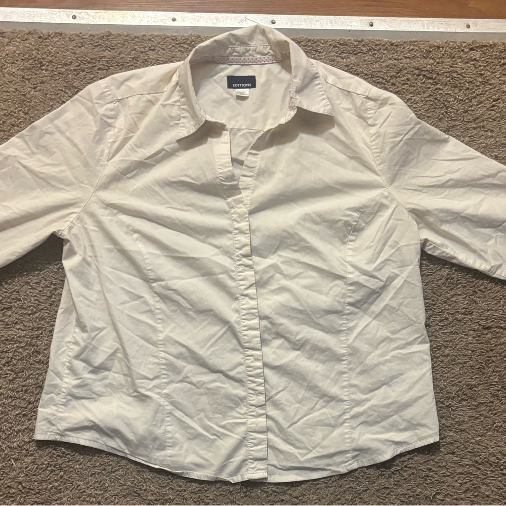 Basic Editions Woman’s XL White Button Up Shirt 3/4 Length Sleeves Great Shape